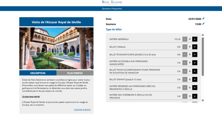 Types et prix des billets pour l'Alcazar de Séville 2026